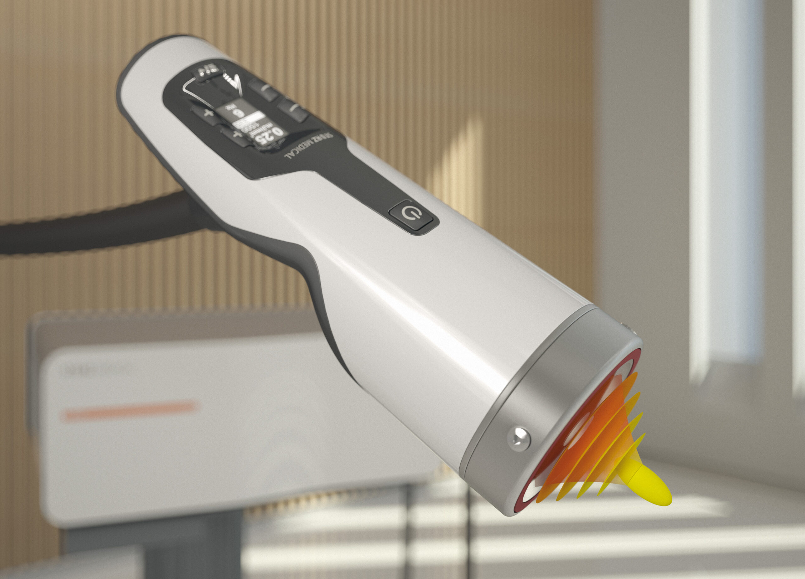 Focused DUOLITH shockwave handpiece with precision energy visualization